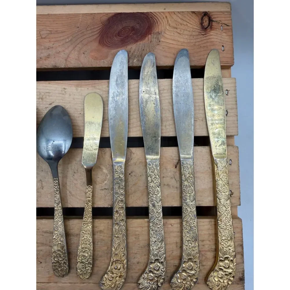 Vintage Lifetime Cutlery Gold-Tone Floral Stainless Flatware – 9 Piece Set